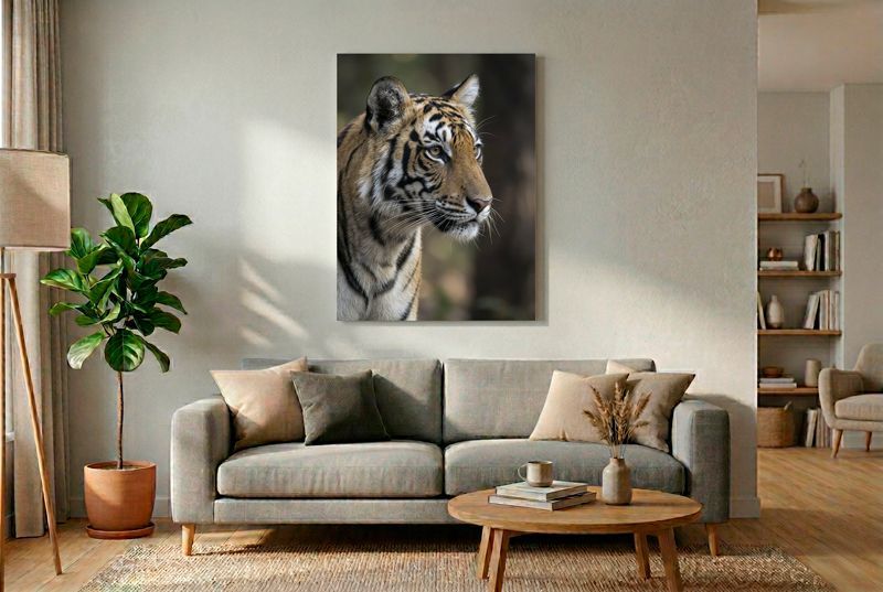 Bengal Tiger - The Vigilant Profile This stunning profile shot captures a Bengal tiger (Panthera tigris tigris) looking off to the side with an air of quiet conc