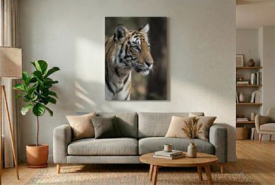 Bengal Tiger - The Vigilant Profile This stunning profile shot captures a Bengal tiger (Panthera tigris tigris) looking off to the side with an air of quiet conc