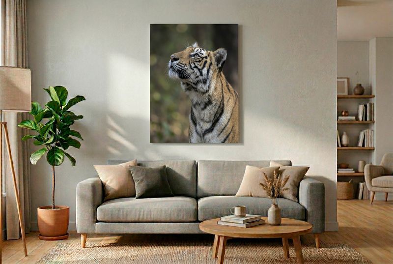 Bengal Tiger - The Canopy Watcher In this unique and evocative vertical portrait, a Bengal tiger is captured looking upwards, its head tilted toward the forest