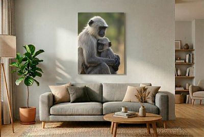 Gray Langur - The Heart of the Troop In this intimate close-up, the emotional connection between a gray langur mother and her child is the central focus. The moth