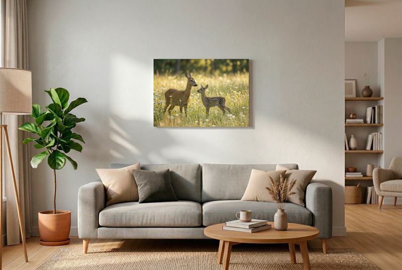 Ein Reh und sein Kitz stehen aufrecht in einer sonnenbeschienenen Wiese voller weißer Wildblumen.