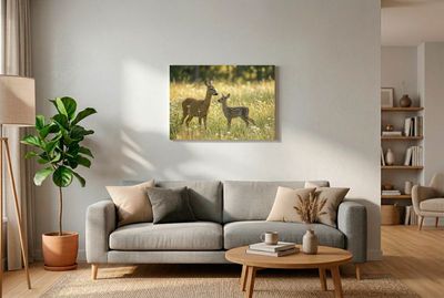 Ein Reh und sein Kitz stehen aufrecht in einer sonnenbeschienenen Wiese voller weißer Wildblumen.
