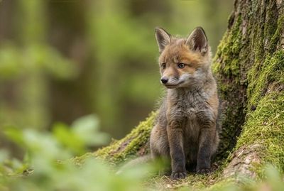 Red Fox - Watchful Eyes Ein junger Fuchswelpe sitzt aufmerksam am Fuße eines moosigen Baumstamms im Wald.