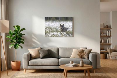 Ein Wolf liegt aufmerksam in einem dichten Feld aus weißem Baumwollgras und blickt direkt nach vorne.