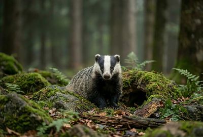 Ein Europäischer Dachs steht frontal im moosigen Wald und blickt direkt mit seinen markanten Streifen in die Kamera.