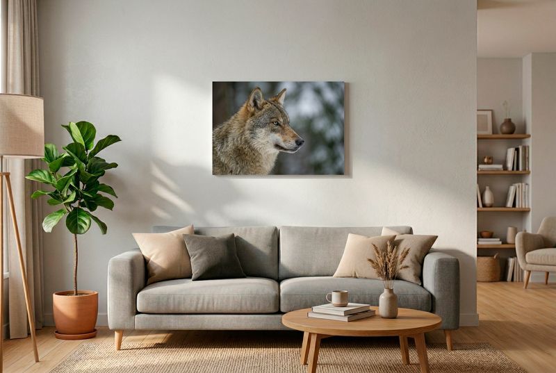 Nahaufnahme eines Wolfskopfes im Profil vor verschneitem Hintergrund. Der Blick ist konzentriert und aufmerksam.