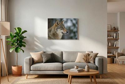 Nahaufnahme eines Wolfskopfes im Profil vor verschneitem Hintergrund. Der Blick ist konzentriert und aufmerksam.