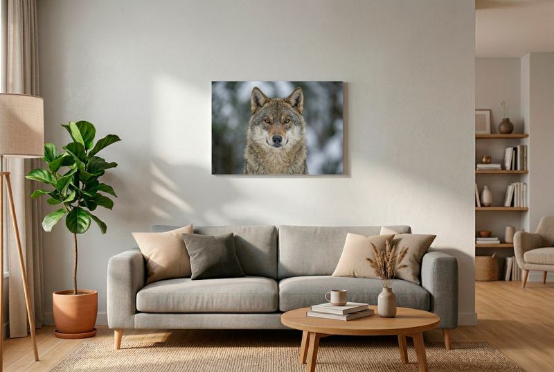 Frontales Porträt eines Wolfes im Winter. Das Tier blickt mit bernsteinfarbenen Augen direkt und ruhig zum Betrachter.