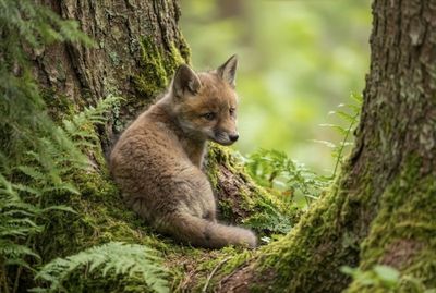 Red Fox - A Moment Of Calm Ein junger Fuchswelpe sitzt seitlich auf moosigem Waldboden und blickt über die Schulter zurück.