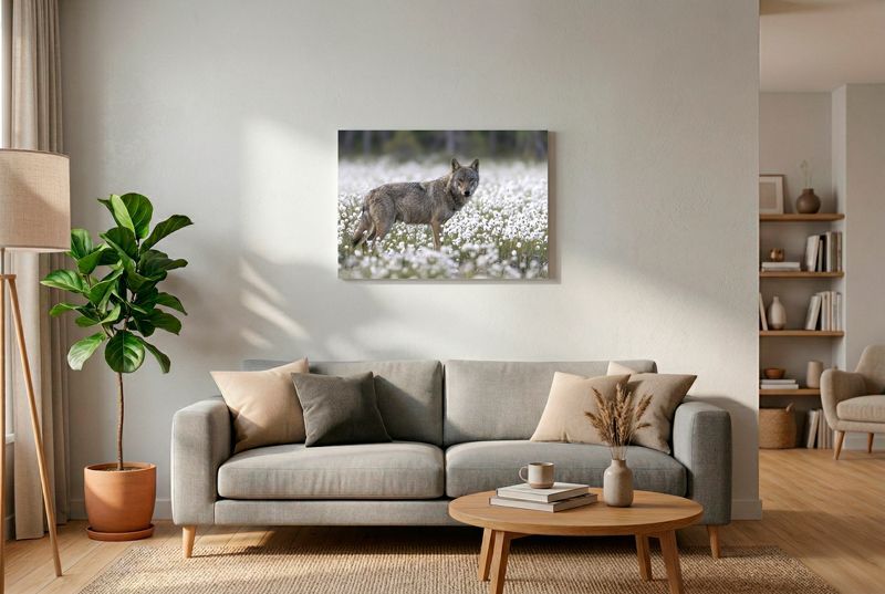 Ein Wolf steht aufmerksam in einem dichten Feld aus weißem Baumwollgras und blickt direkt nach vorne.