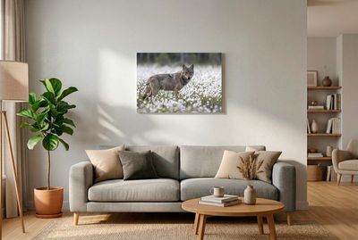 Ein Wolf steht aufmerksam in einem dichten Feld aus weißem Baumwollgras und blickt direkt nach vorne.