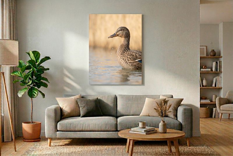 Eine Nahaufnahme des Kopfes und Halses einer weiblichen Stockente, die ruhig auf dem Wasser schwimmt.
