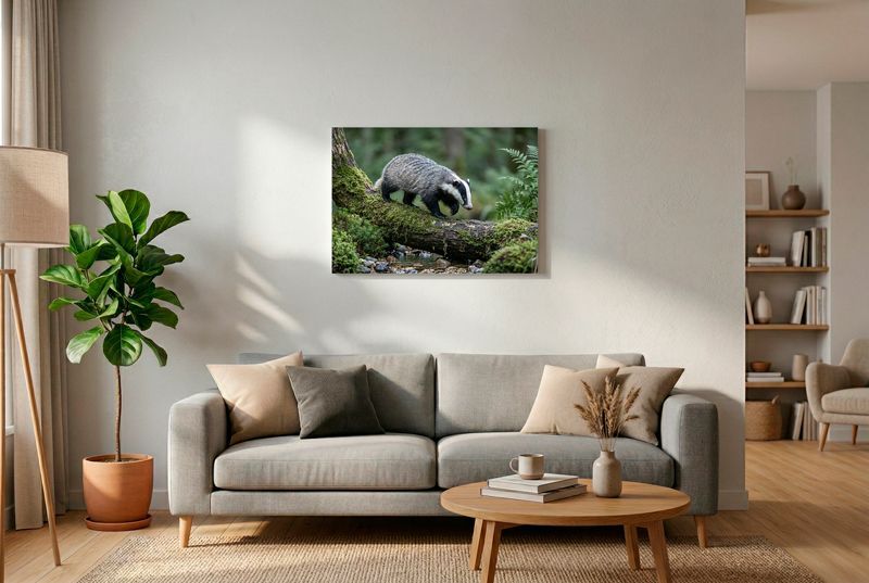 European Badger - Riverbed Balancing Europäischer Dachs balanciert auf einem Moosstamm über einem kieseligen Bachbett, im Querformat.