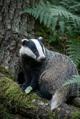 European Badger - The Retrospective Porträt eines Europäischen Dachses, der im Hochformat auf einem Baumstamm sitzt und über die Schulter zurückschaut.
