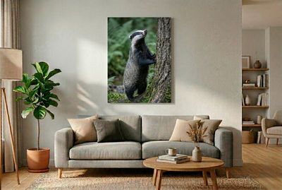 European Badger - Curious Ascent Ein Europäischer Dachs steht auf den Hinterbeinen und schaut neugierig an einem Baumstamm hoch, im Hochformat.