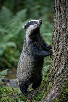 European Badger - Curious Ascent Ein Europäischer Dachs steht auf den Hinterbeinen und schaut neugierig an einem Baumstamm hoch, im Hochformat.