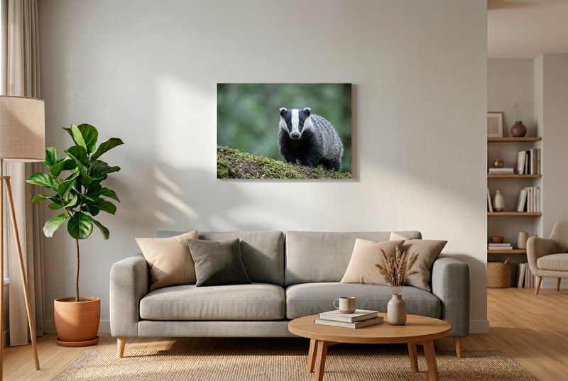 European Badger - Moment Of Calm Nahaufnahme eines Europäischen Dachses, der frontal aus dem moosigen Unterholz in die Kamera blickt, im Querformat.