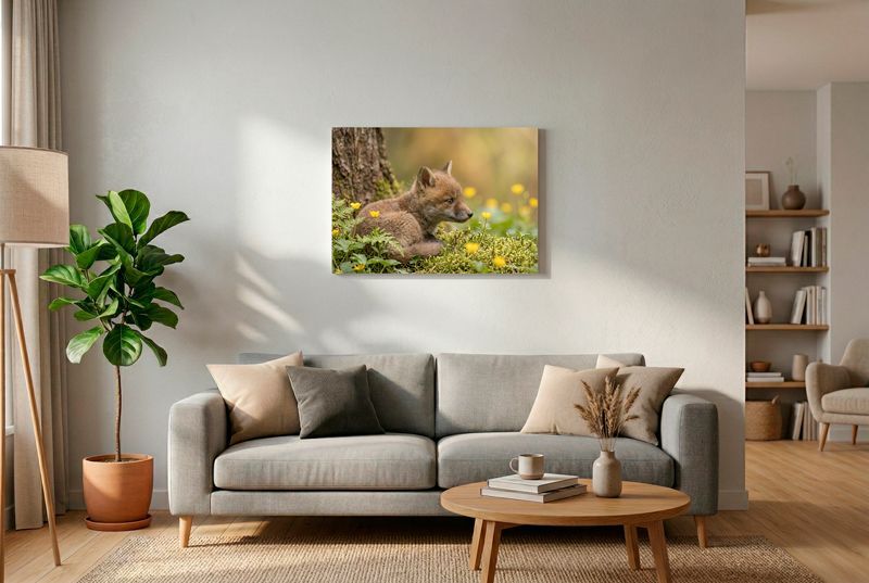 Rotfuchswelpe liegt im Moos zwischen kleinen gelben Blumen, schaut entspannt zur Seite, Baumstamm im Hintergrund.