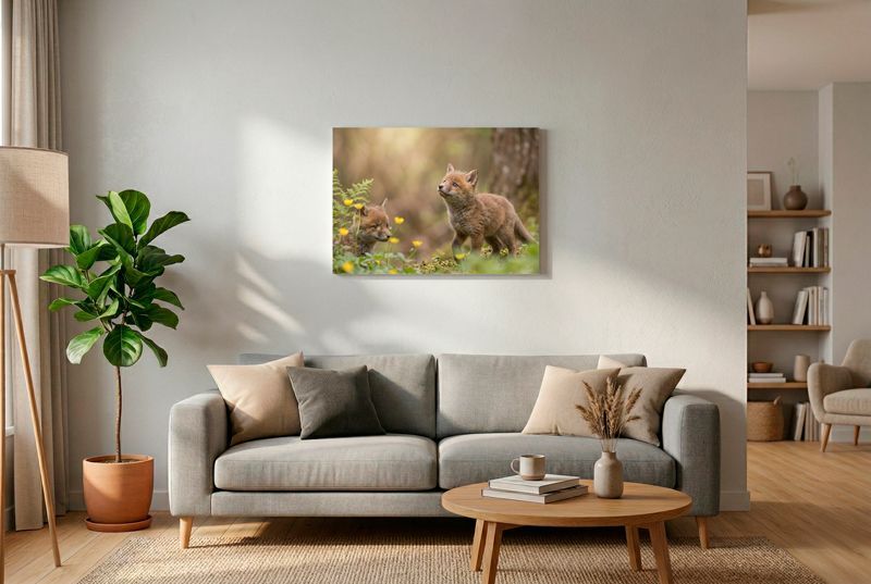 Zwei Fuchswelpen im Wald; einer schaut hoch, der andere sitzt im Hintergrund zwischen Moos und gelben Blumen.