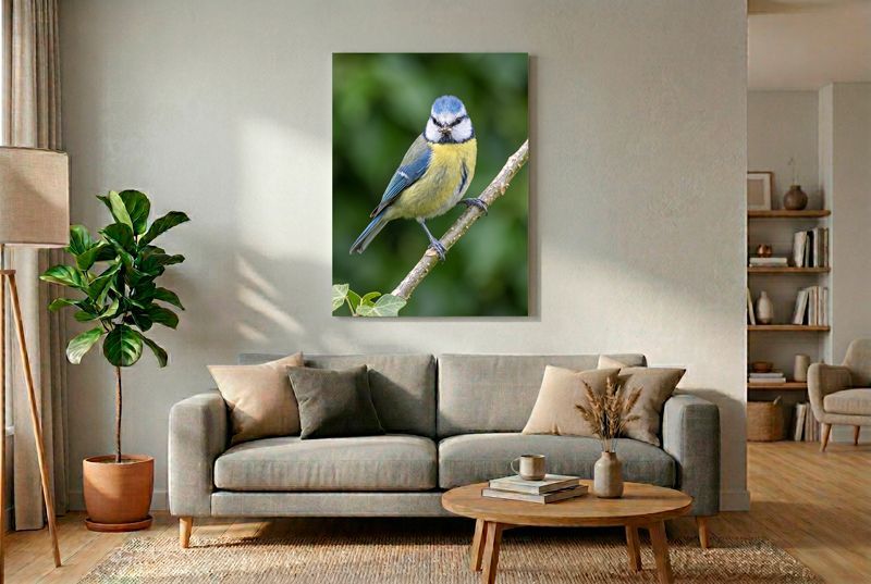 Blue Tit – The Direct Eye Contact Frontale Nahaufnahme einer Blaumeise auf einem Ast, die mit Beute im Schnabel direkt in die Kamera blickt.