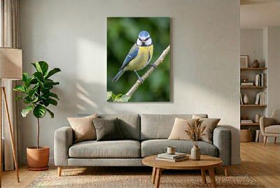 Blue Tit – The Direct Eye Contact Frontale Nahaufnahme einer Blaumeise auf einem Ast, die mit Beute im Schnabel direkt in die Kamera blickt.