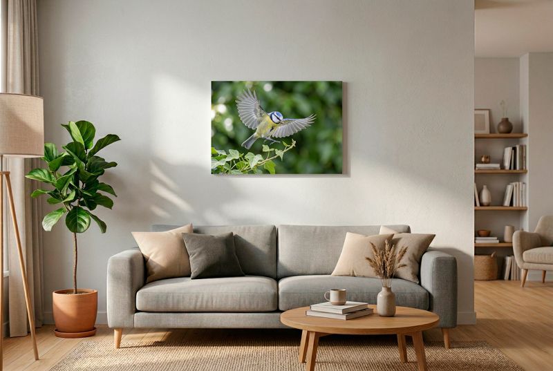Blaumeise im Querformat fliegend mit weit ausgebreiteten Flügeln im Schwebeflug über grünen Efeublättern.