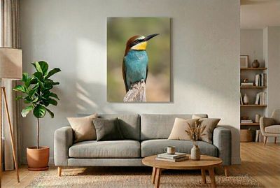 Bee-eater – The Intimate Portrait Nahaufnahme eines Bienenfressers auf verwittertem Ast, Fokus auf Auge und buntem Gefieder.