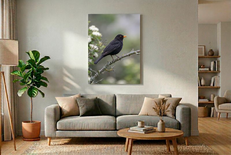 Nahaufnahme einer Amsel auf einem Flechtenzweig mit markantem, gelbem Augenring vor ruhigem Bokeh.