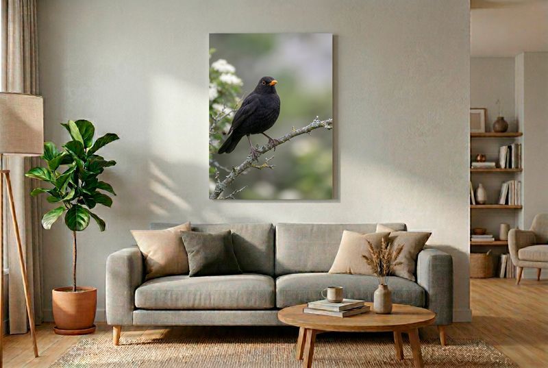 Common Blackbird – Majestic Glance Eine männliche Amsel sitzt im Profil nach rechts blickend auf einem Ast vor sanftem, grün-weißem Hintergrund.