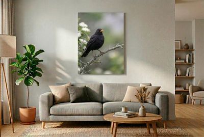 Common Blackbird – Majestic Glance Eine männliche Amsel sitzt im Profil nach rechts blickend auf einem Ast vor sanftem, grün-weißem Hintergrund.