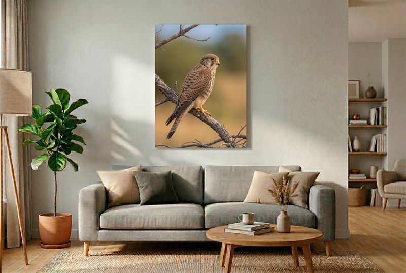 European Kestrel - The Hunter's Watch Ganzkörper-Portrait eines ruhenden Turmfalken auf einem gnarren Kiefernzweig. Weiches, warmes Bokeh-Umfeld.