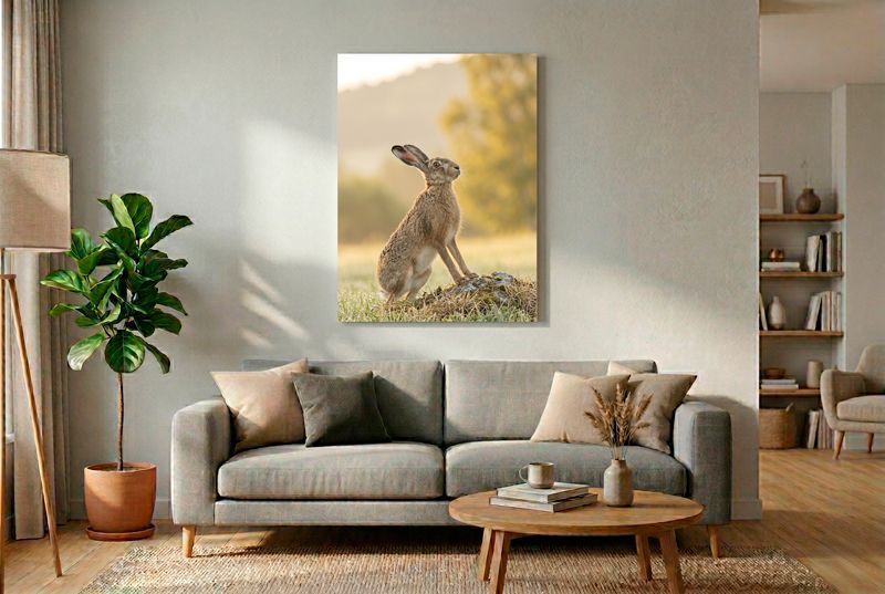 European Hare - Looking Upward Ein Feldhase stützt sich auf einen Stein und blickt neugierig empor.
