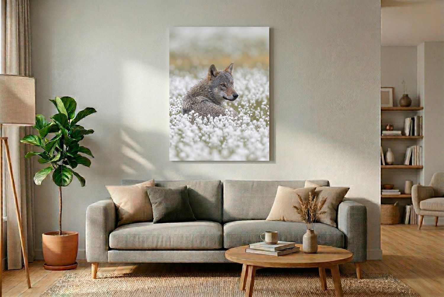 Wolf - Vigilant Silence Ein sitzender grauer Wolf schaut inmitten von weißen Wollgrasblüten über seine rechte Schulter in die Ferne.