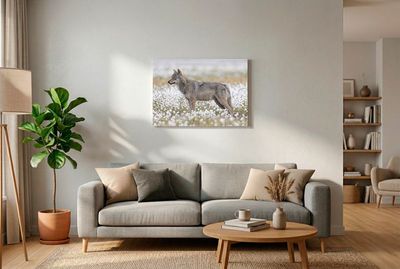 Wolf - The Elegance of the Wilderness Ein grauer Wolf steht im Profil in einem Feld voller weißer Wollgrasblüten und blickt aufmerksam nach links.
