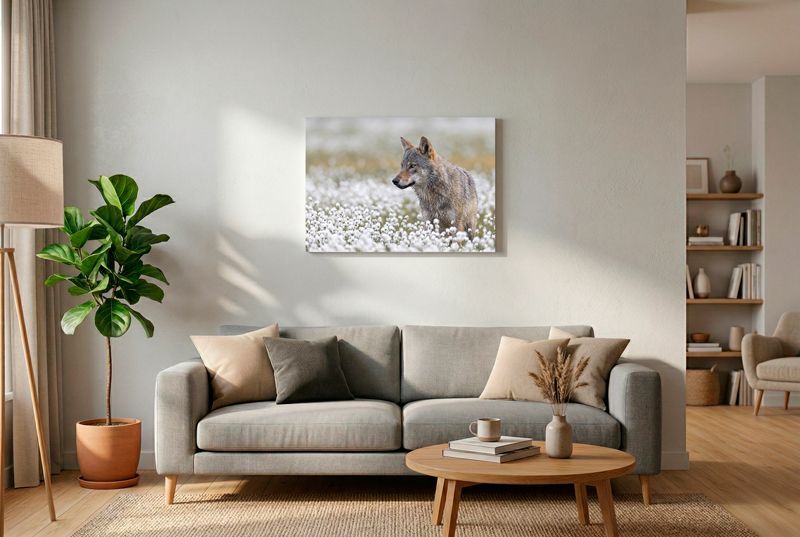 Wolf - Watchful Gaze Nahaufnahme eines grauen Wolfs im Halbprofil, der aufmerksam inmitten einer Wiese mit weißen Blumen nach links schaut.