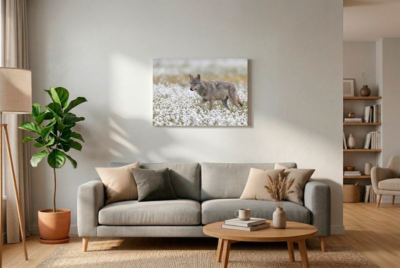 Wolf - A Moment of Silence Ein grauer Wolf läuft mit erhobener Pfote gemächlich von rechts nach links durch ein Feld voller weißer Blumen.