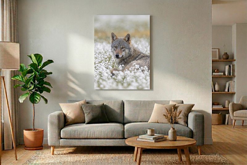 Wolf - Eye to Eye with Nature Nahaufnahme eines liegenden grauen Wolfs, der den Betrachter direkt aus einem Meer weißer Blüten anblickt.