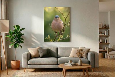 Chaffinch – Forest Guardian Frontal-Porträt eines Buchfinken auf Frühlingszweig, blickt direkt in die Kamera vor waldgrünem Bokeh.