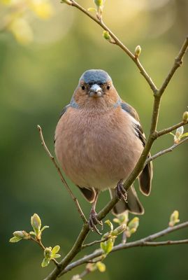 Chaffinch – Forest Guardian Frontal-Porträt eines Buchfinken auf Frühlingszweig, blickt direkt in die Kamera vor waldgrünem Bokeh.