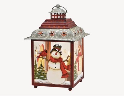 Lanterna decorazione pupazzo di neve, dipinta a mano di metallo, vetro rosso (L/H/D) 21x33x21cm
