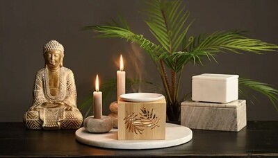 Lampada profumo foglia decorazione di bambù, natura ceramica, bianco (w/h/d) 12x10x12cm