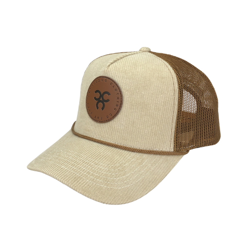 Beige Corduroy Leather Patch Trucker Cap