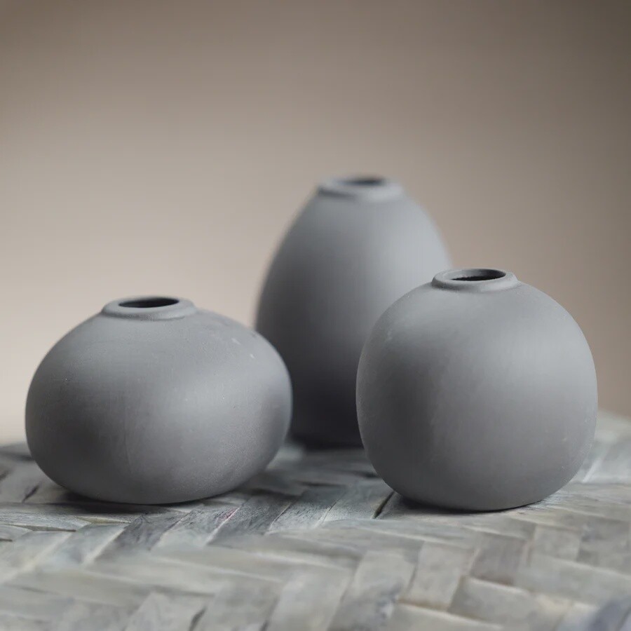 Tresco Three Piece Assorted Clay Bud Vases- Matt Charcoal