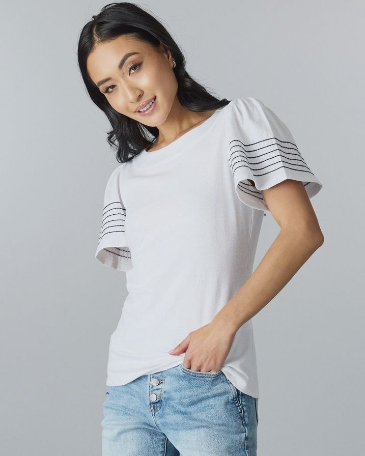Flutter Sleeves with Embroidered Stripes Top, Size: Small