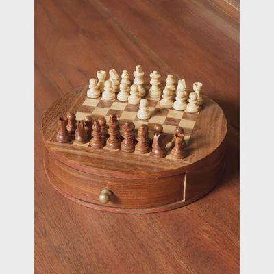 Chess Game in Round Wooden Box