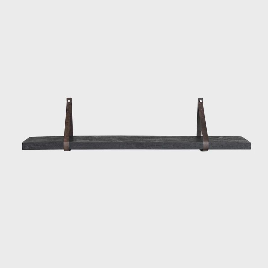 Wood &amp; Leather Wall Shelf, Black