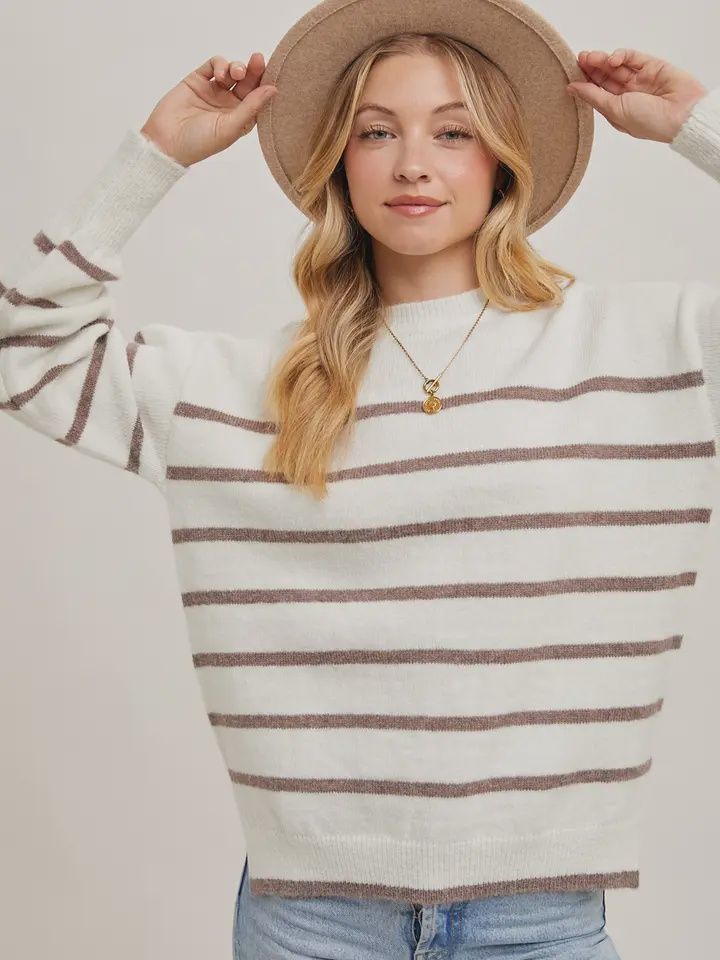 Striped Side Slit Knit Sweater Pullover