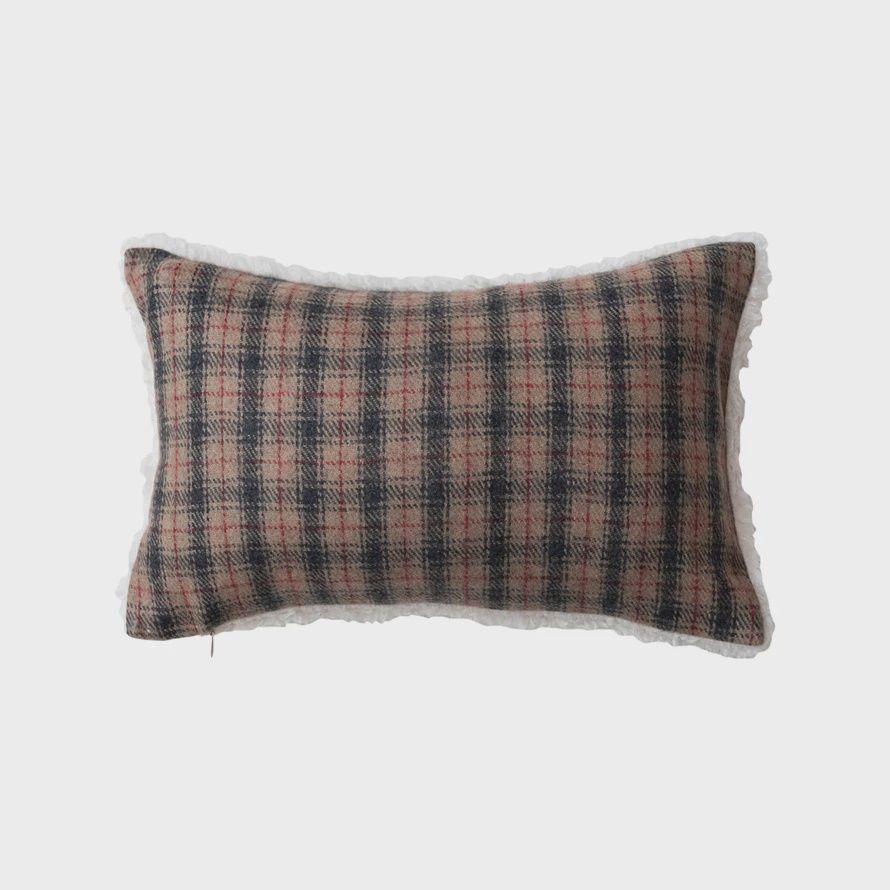 Plaid Wool Blend Lumbar Pillow w/ Sherpa Back