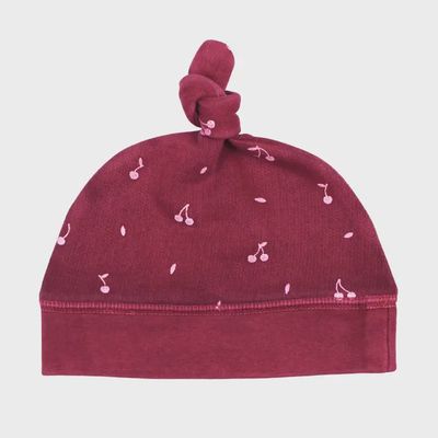 Organic Cozy Top-Knot Hat Cherries