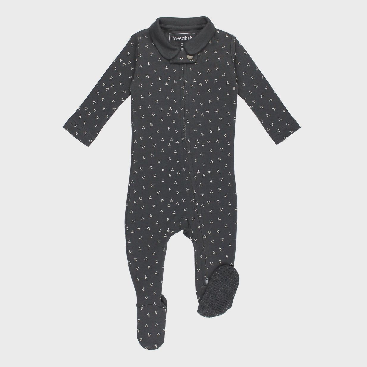 Organic Polo Zipper Footie in Charcoal Dots
